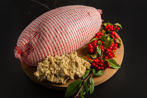 Turkey breast for Christmas stuffed with bread stuffing 
