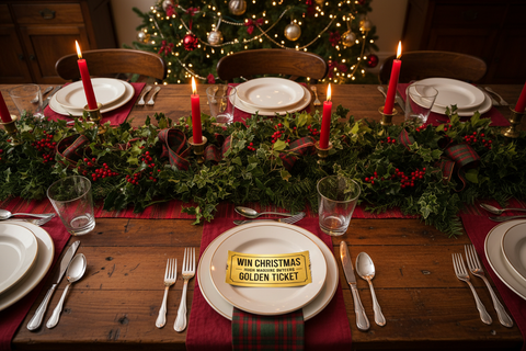 OK I LOVE THE TICKET AND THE TEXT BUT PLEASE SPELL BUTCHERS CORRECTLY AND ALSO MAKE THE TABLE A BIT MORE FULL LIKE WE ARE LOOKING AT A LARGE TABLE SETTING WITH A CHRISTMAS TREE IN THE BACKGROUND